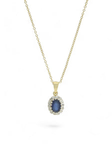 Sapphire & Diamond Oval Halo Cluster Pendant in 9ct Yellow Gold