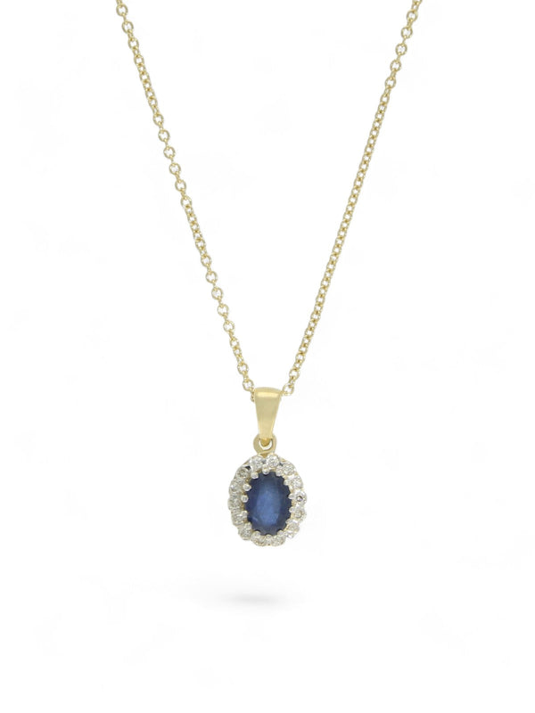 Sapphire & Diamond Oval Halo Cluster Pendant in 9ct Yellow Gold