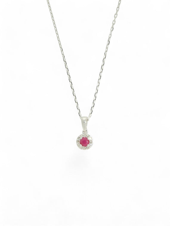 Ruby & Diamond Round Halo Pendant Necklace in 9ct White Gold