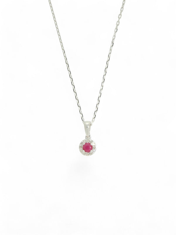 Ruby & Diamond Round Halo Pendant Necklace in 9ct White Gold