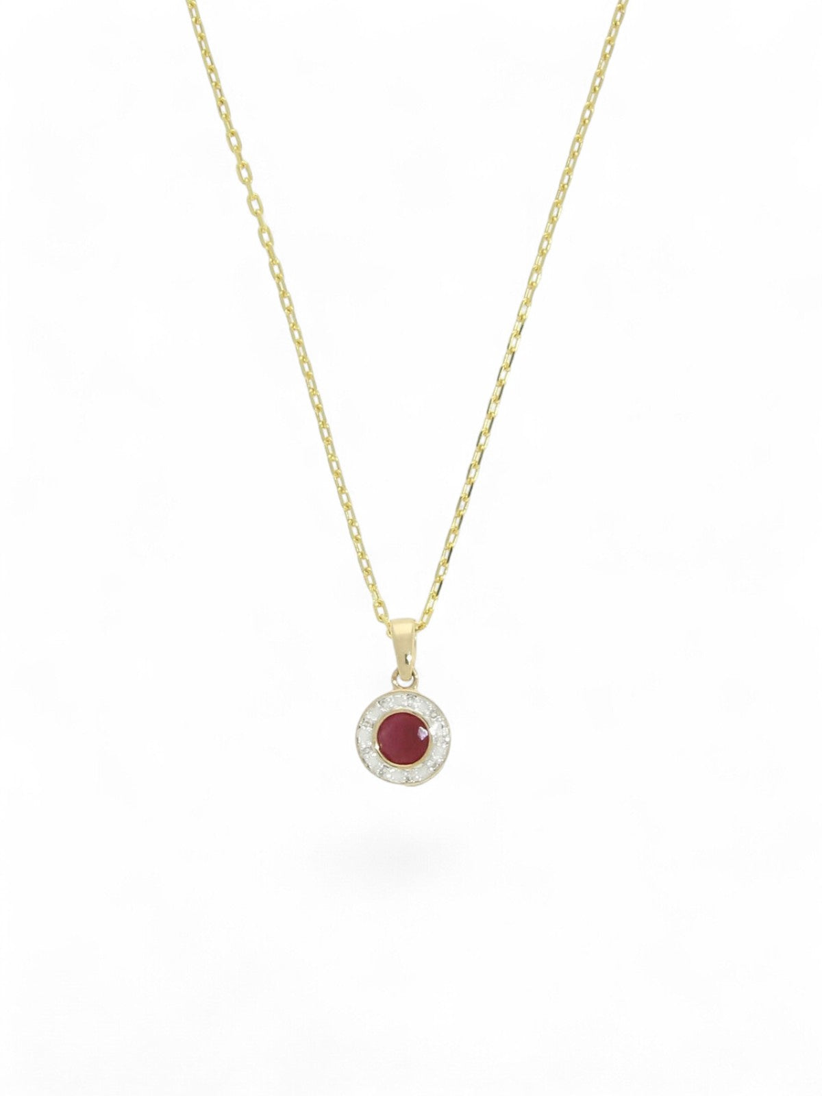 Ruby & Diamond Round Halo Pendant Necklace in 9ct Yellow Gold