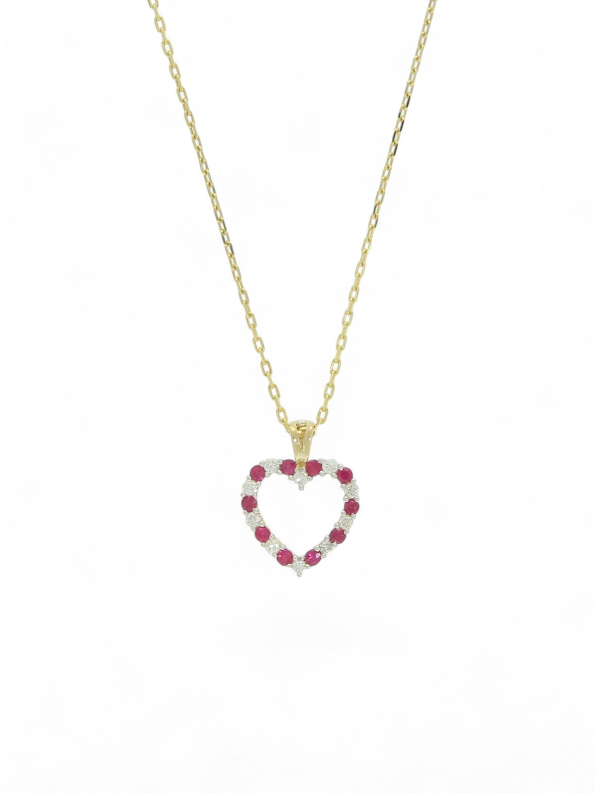 Ruby & Diamond Open Heart Pendant Necklace in 9ct Yellow Gold