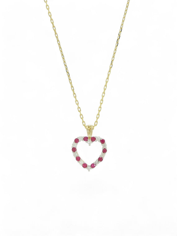 Ruby & Diamond Open Heart Pendant Necklace in 9ct Yellow Gold