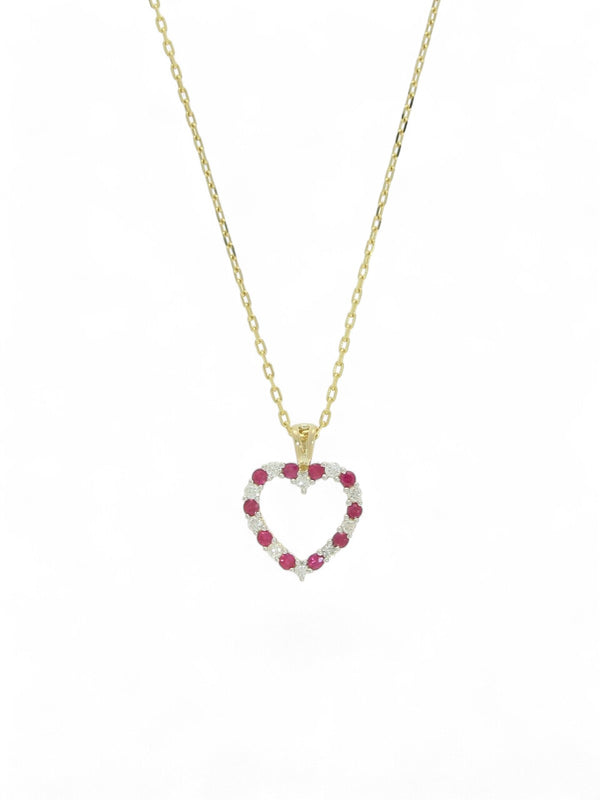 Ruby & Diamond Open Heart Pendant Necklace in 9ct Yellow Gold