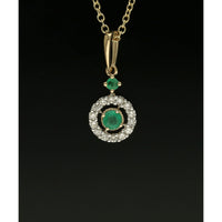 Emerald & Diamond Round Halo Drop Pendant Necklace in 9ct Yellow Gold