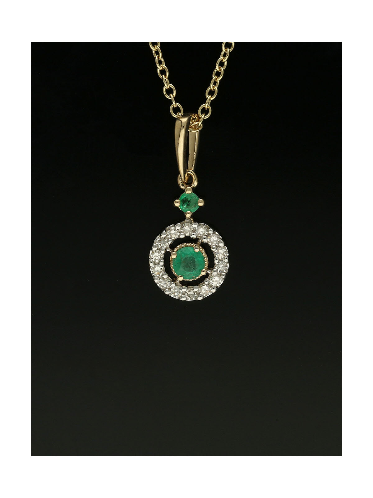 Emerald & Diamond Round Halo Drop Pendant Necklace in 9ct Yellow Gold