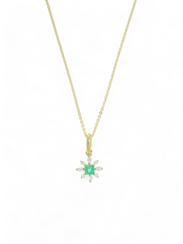 Emerald & Diamond Princess Cut Snowflake Pendant Necklace in 9ct Yellow Gold