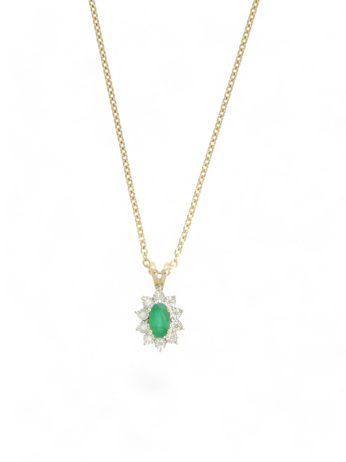 Emerald & Diamond Oval Cluster Pendant Necklace in 9ct Yellow Gold