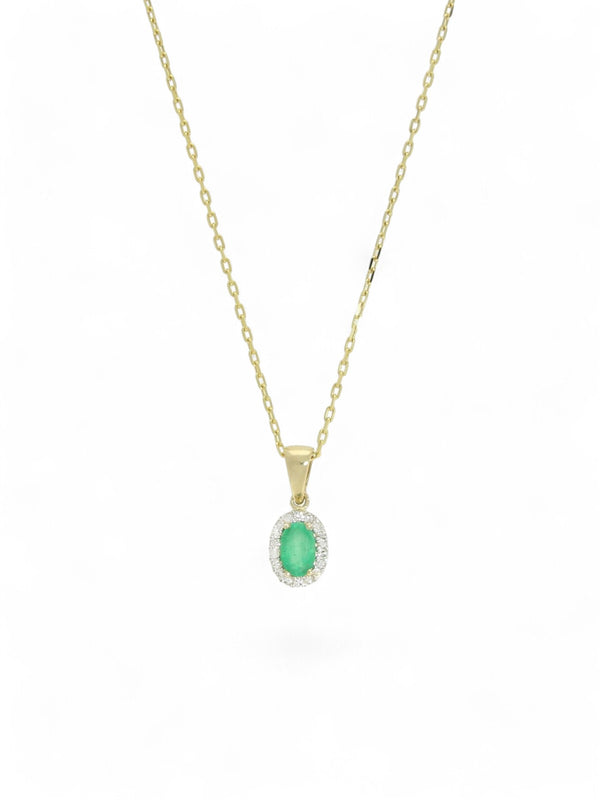 Emerald & Diamond Oval Halo Pendant Necklace in 9ct Yellow Gold