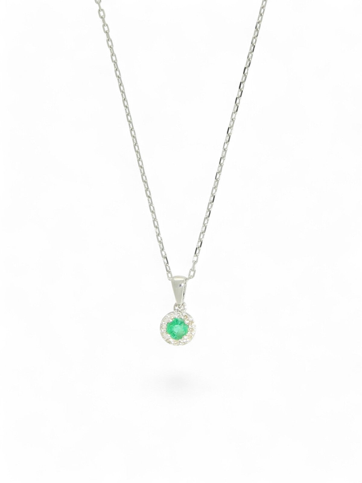 Emerald & Diamond Round Halo Pendant Necklace in 9ct White Gold