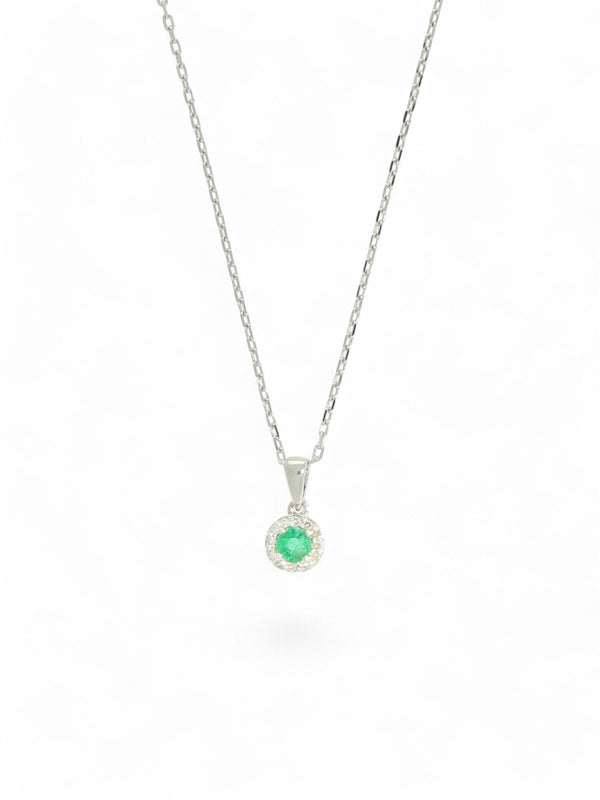 Emerald & Diamond Round Halo Pendant Necklace in 9ct White Gold