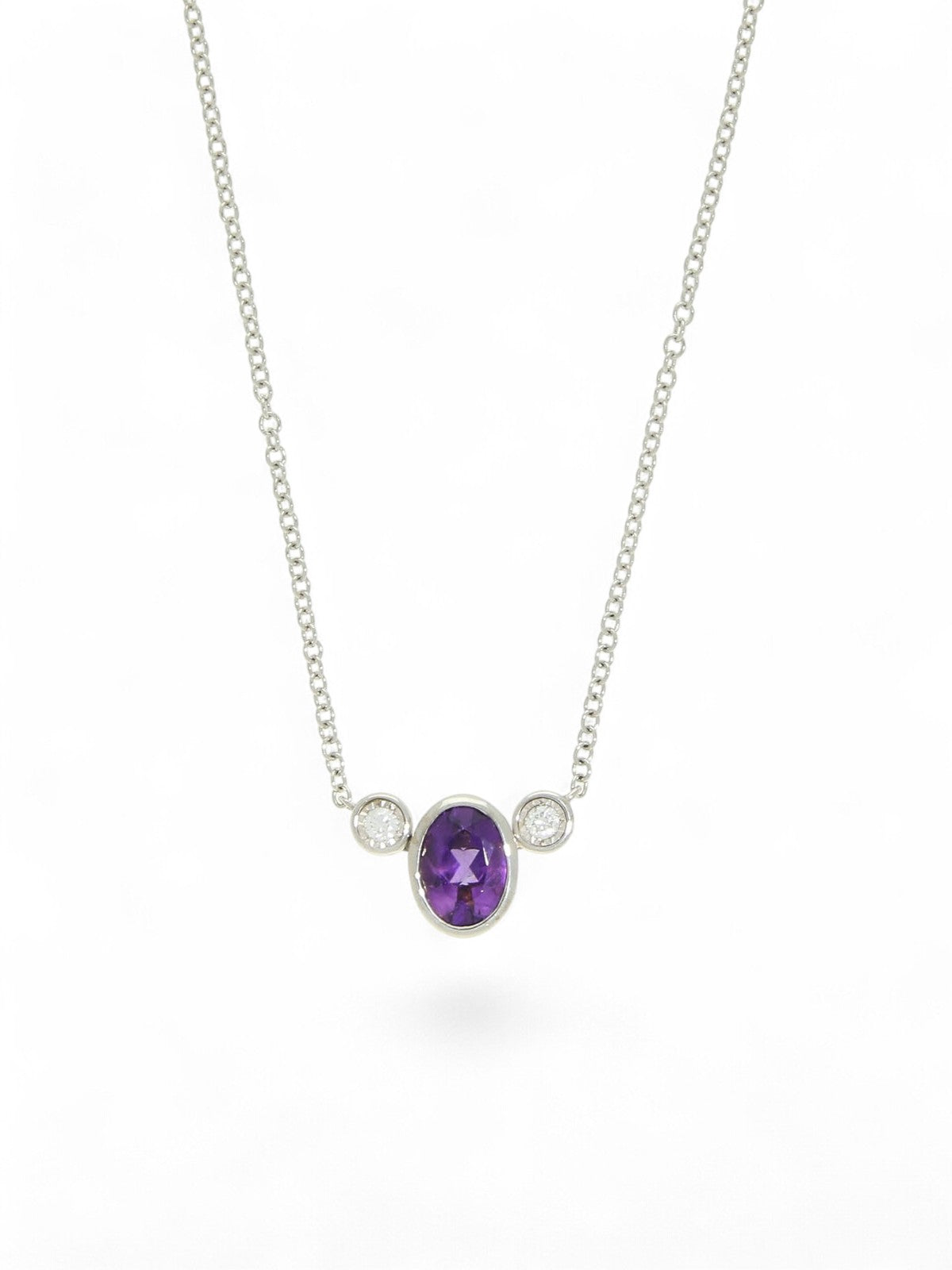 Amethyst & Diamond Oval Pendant Necklace in 9ct White Gold