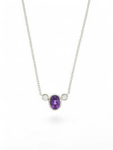 Amethyst & Diamond Oval Pendant Necklace in 9ct White Gold