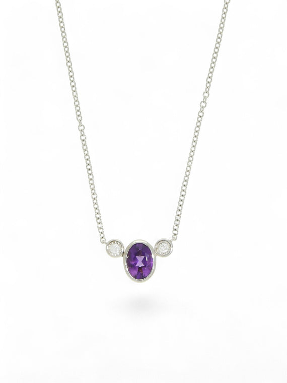 Amethyst & Diamond Oval Pendant Necklace in 9ct White Gold