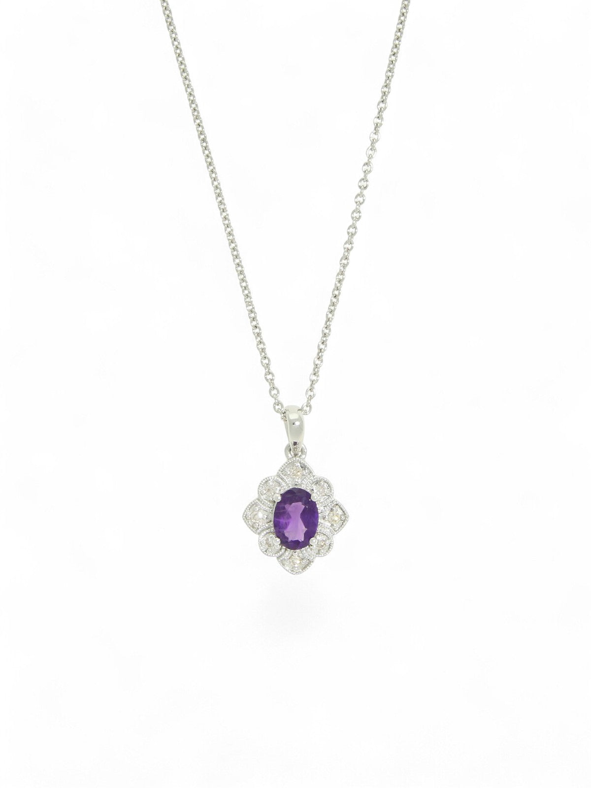 Amethyst & Diamond Art Deco Floral Pendant Necklace in 9ct White Gold