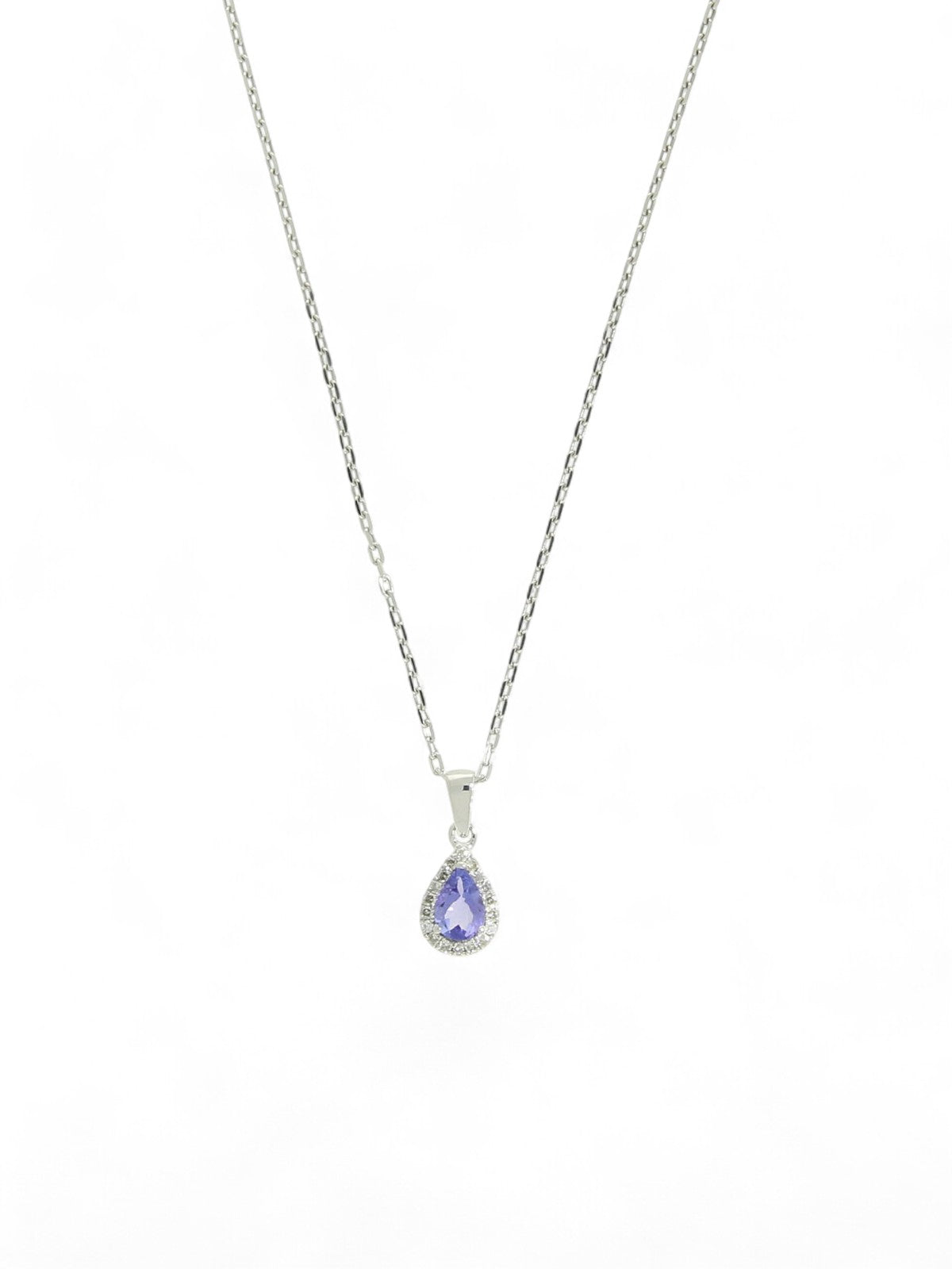 Tanzanite & Diamond Pear Halo Pendant Necklace in 9ct White Gold