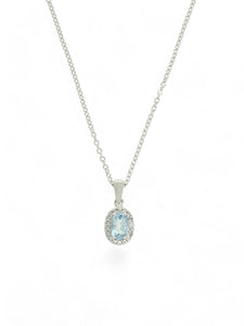 Aquamarine & Diamond Oval Cut Halo Pendant Necklace in 9ct White Gold