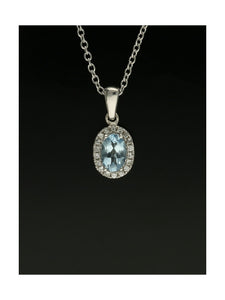Aquamarine & Diamond Oval Cut Halo Pendant Necklace in 9ct White Gold