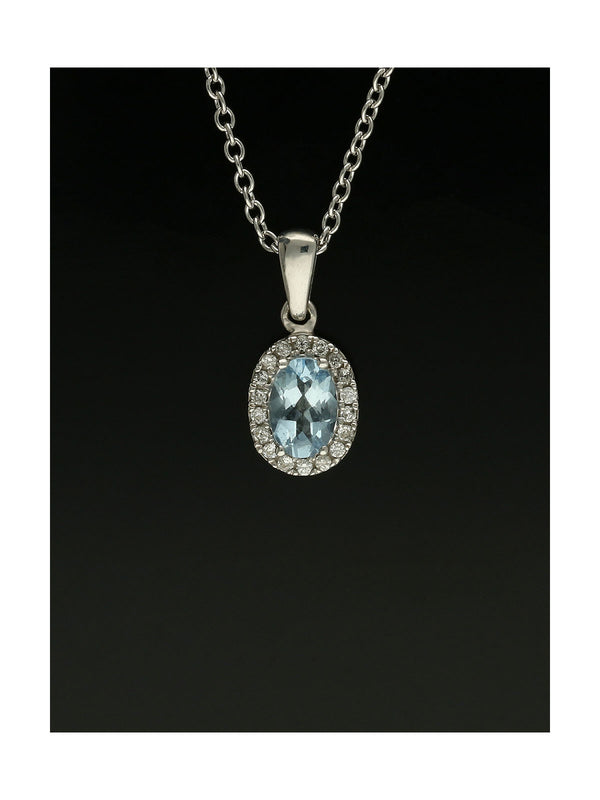Aquamarine & Diamond Oval Cut Halo Pendant Necklace in 9ct White Gold