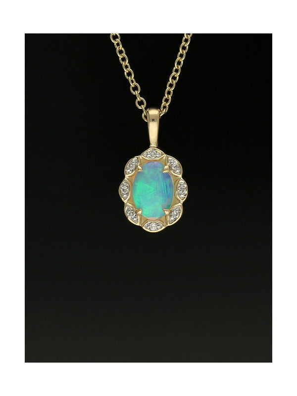 Opal & Diamond Oval Halo Fancy Design Pendant Necklace in 9ct Yellow Gold