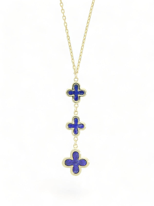 Lapis Flower Drop Pendant Necklace in 9ct Yellow Gold