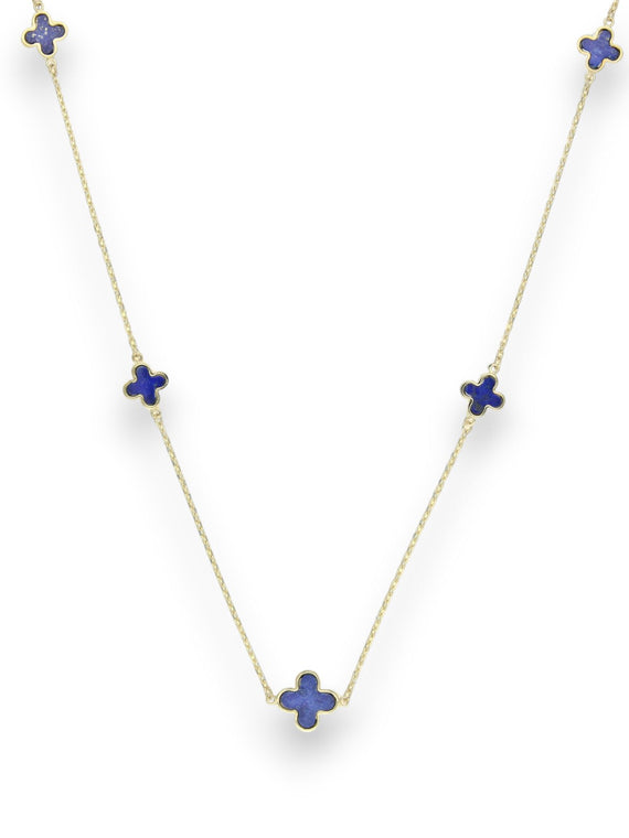 Lapis Five Flower Station Necklace in 9ct Yellow Gold