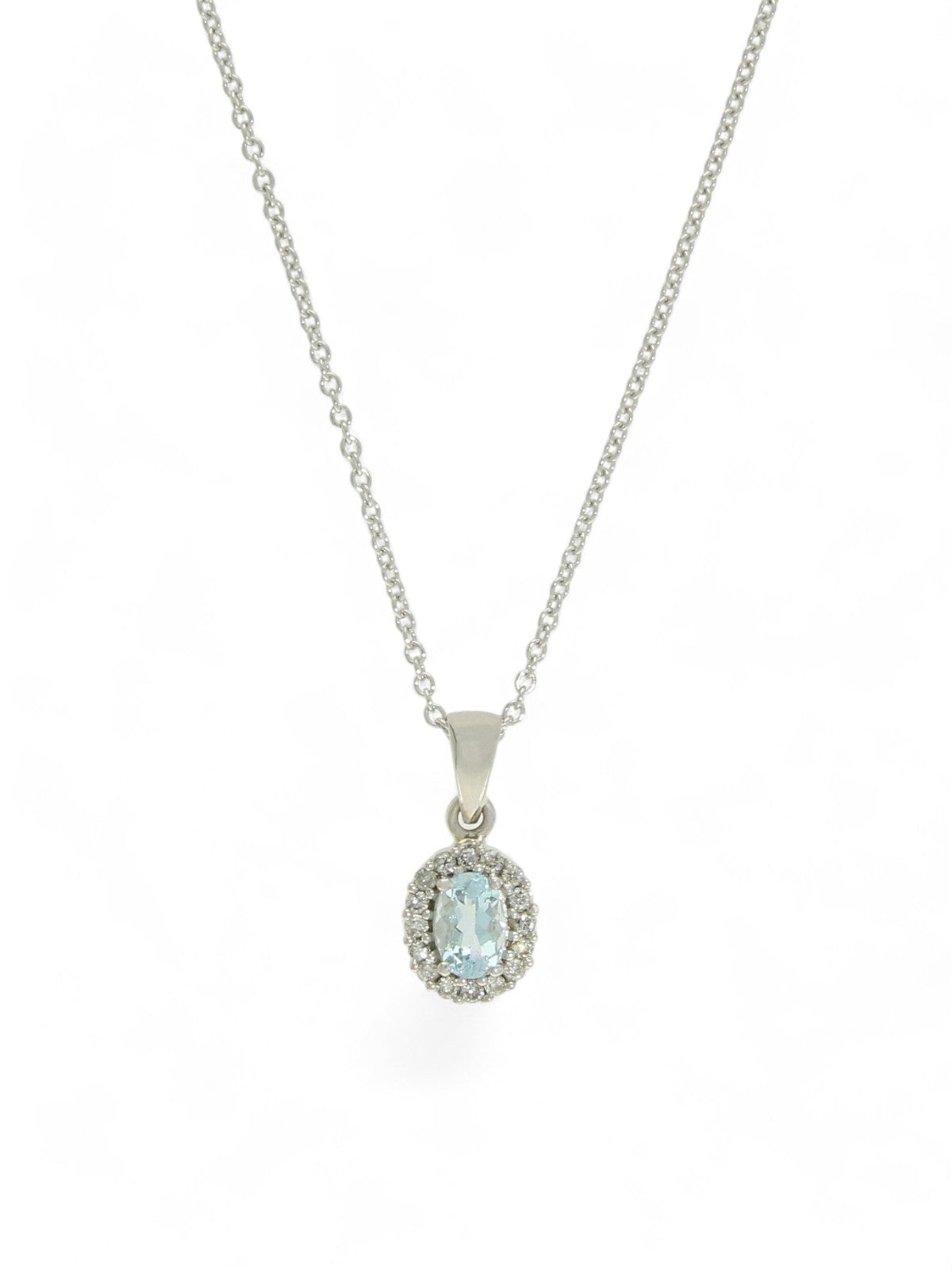 Aquamarine & Diamond Oval Halo Cluster Pendant in 9ct White Gold