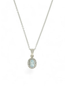 Aquamarine & Diamond Oval Halo Cluster Pendant in 9ct White Gold