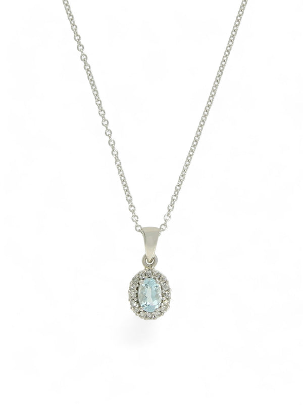 Aquamarine & Diamond Oval Halo Cluster Pendant in 9ct White Gold