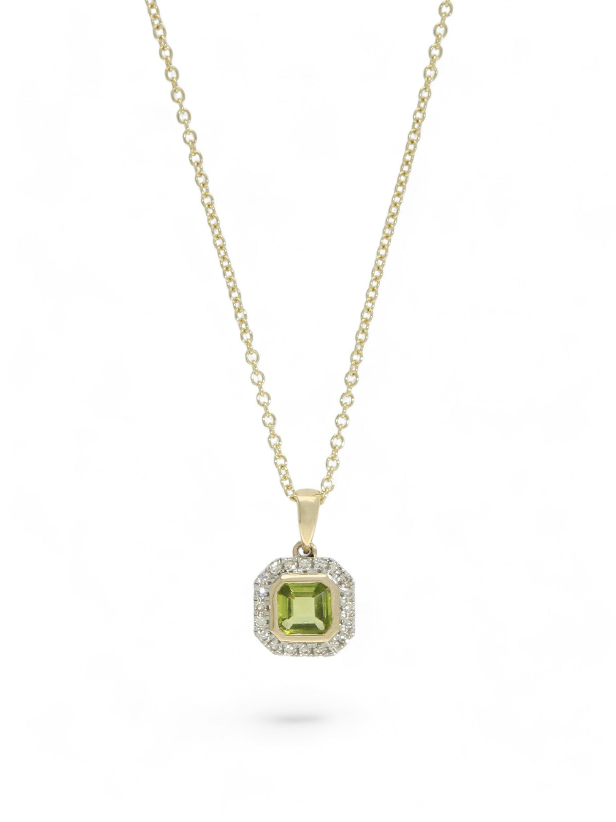 Peridot & Diamond Cushion Cut Halo Pendant in 9ct Yellow Gold