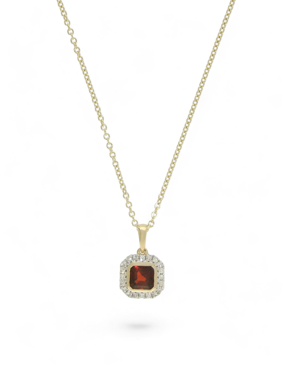 Garnet & Diamond Cushion Cut Halo Pendant in 9ct Yellow Gold