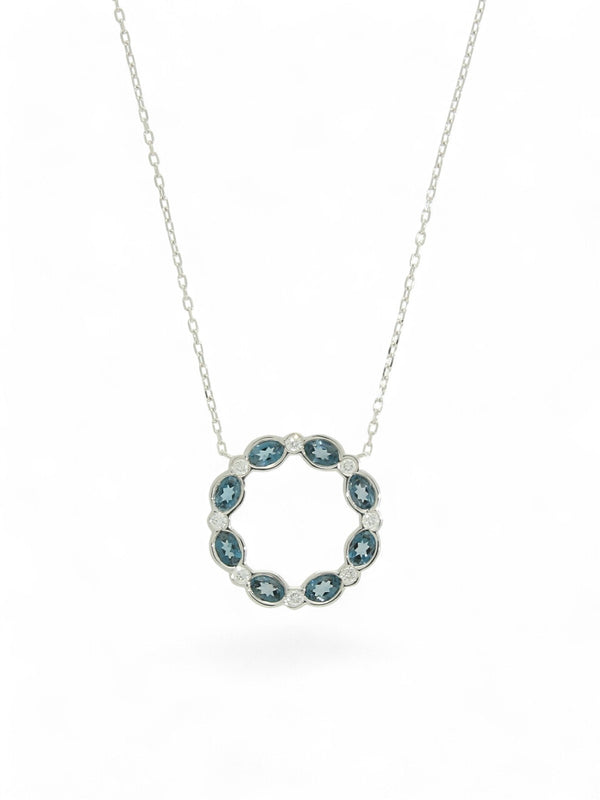 Blue Topaz & Diamond Circle Pendant Necklace in 9ct White Gold