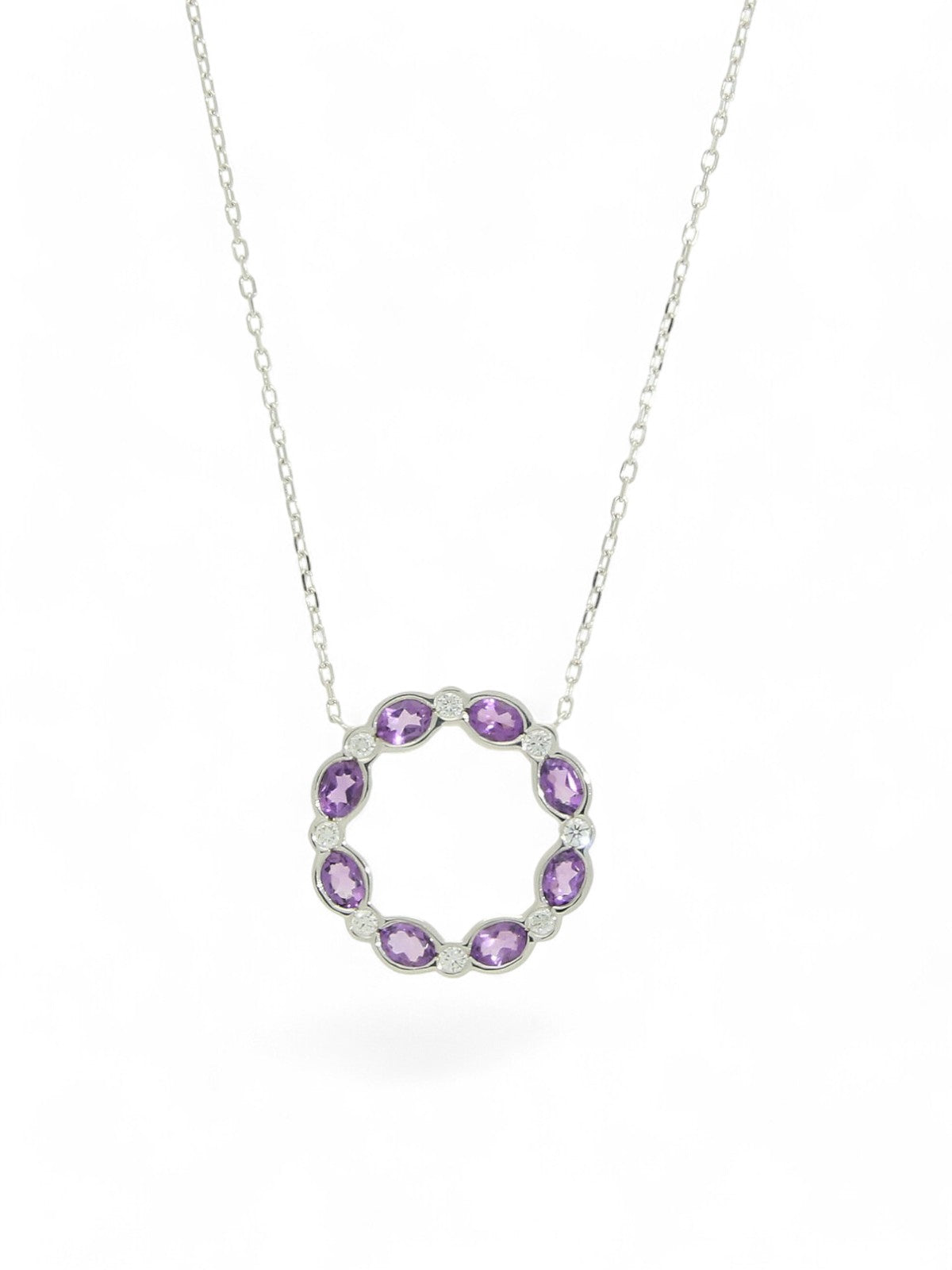 Amethyst & Diamond Circle Pendant Necklace in 9ct White Gold