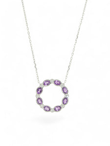 Amethyst & Diamond Circle Pendant Necklace in 9ct White Gold