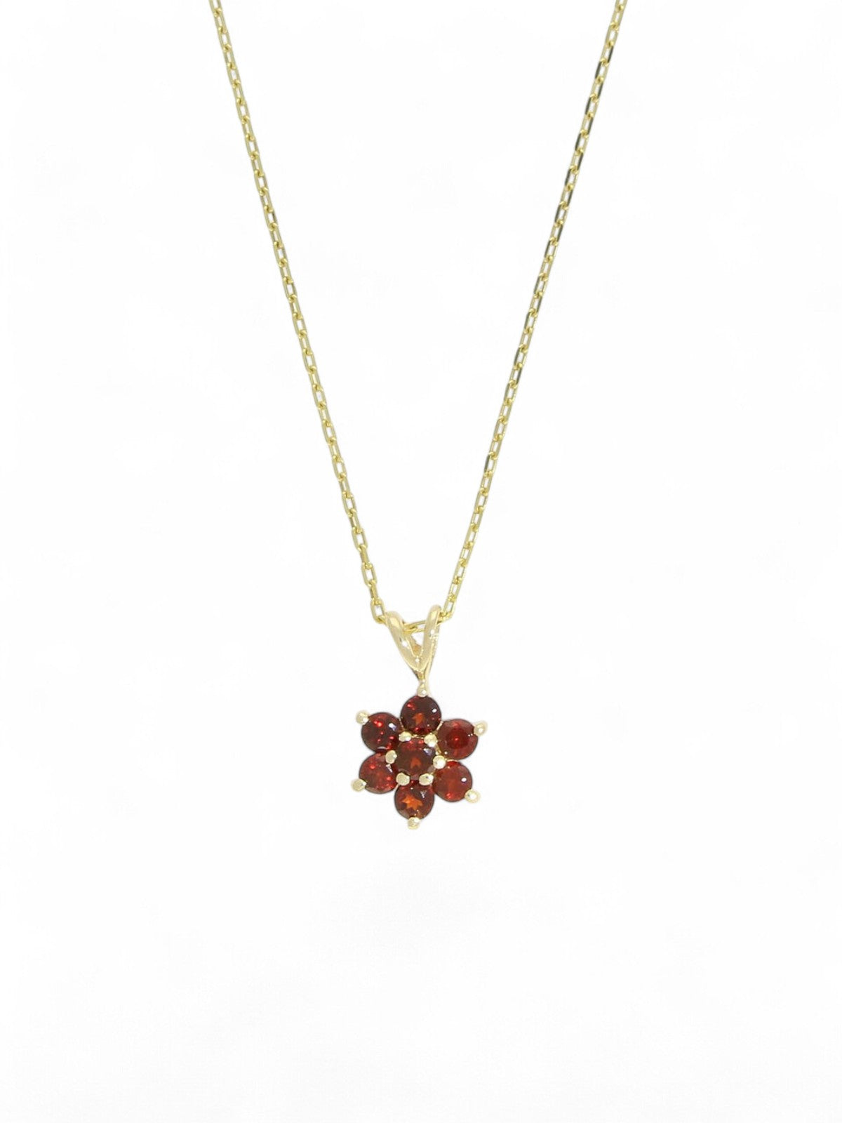 Garnet Flower Cluster Pendant Necklace in 9ct Yellow Gold