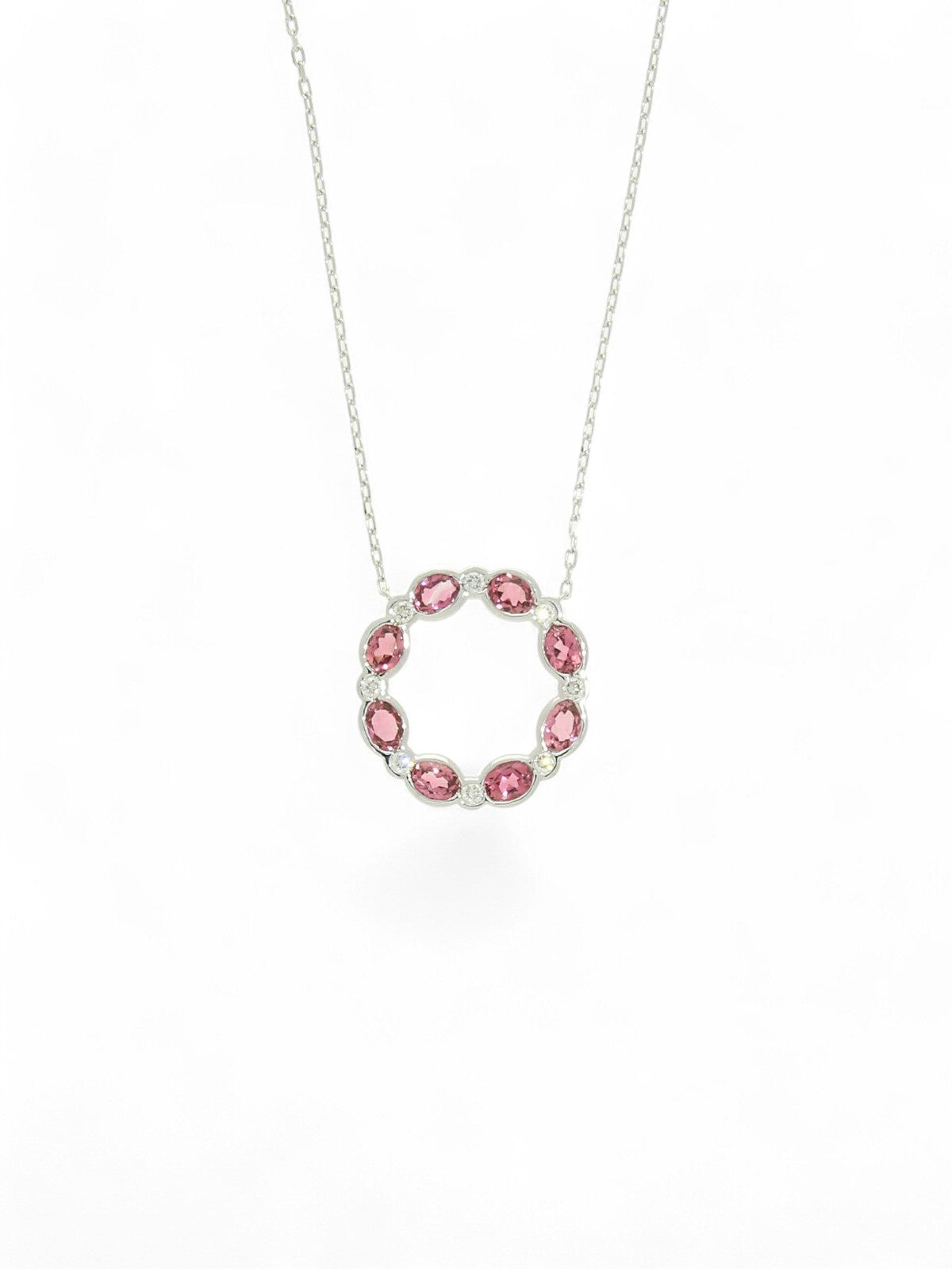 Pink Tourmaline & Diamond Circle Pendant Necklace in 9ct White Gold