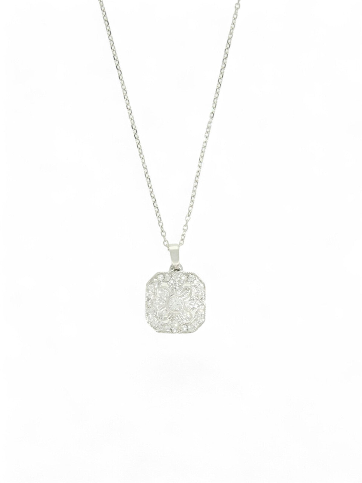 Art Deco Design Diamond Cluster Pendant Necklace 0.18ct Round Brilliant Cut in 18ct White Gold