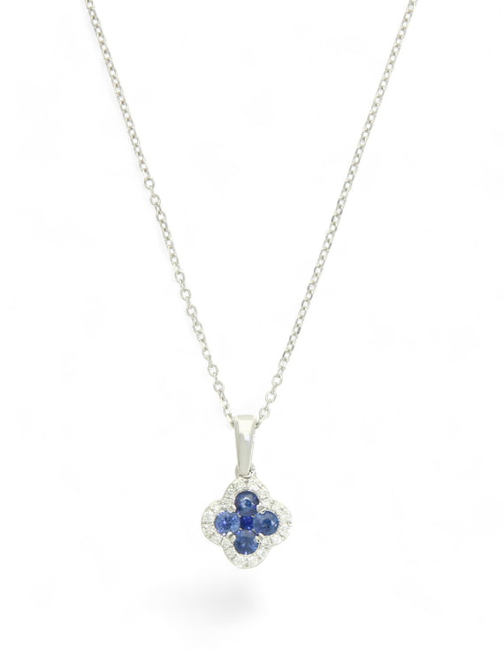 Sapphire & Diamond Flower Halo Pendant Necklace in 18ct White Gold