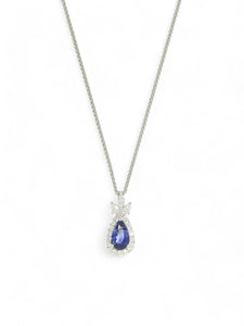 Sapphire & Diamond Pear Halo Pendant Necklace in 18ct White Gold