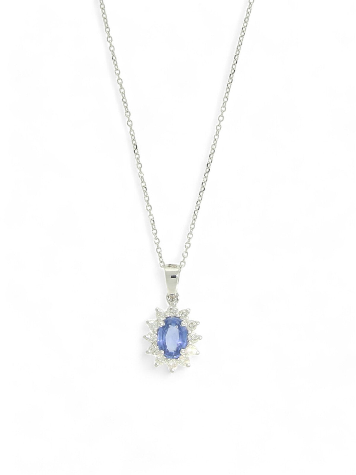 Sapphire & Diamond Oval Cluster Pendant Necklace in 18ct White Gold