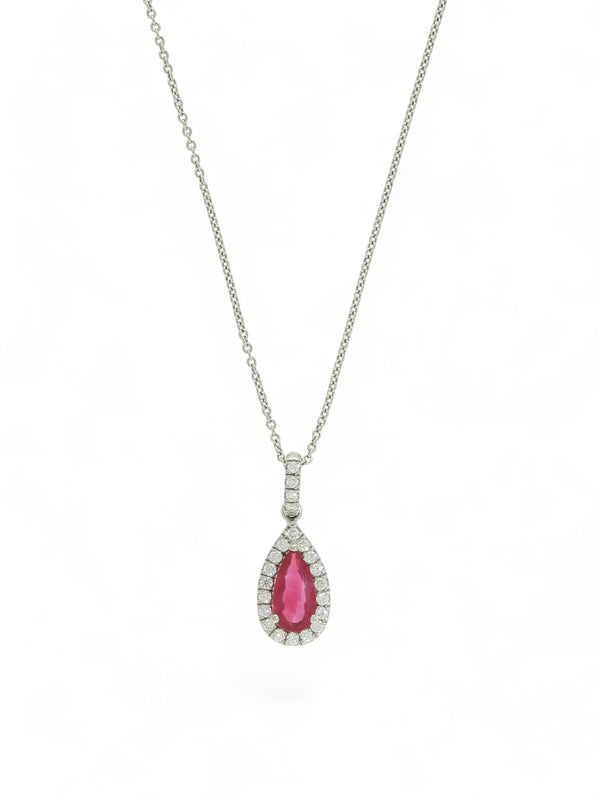 Ruby & Diamond Pear Cluster Pendant Necklace in 18ct White Gold