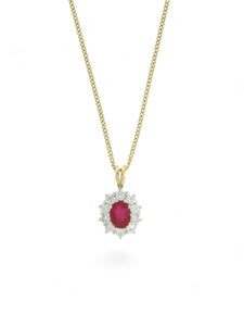 Ruby & Diamond Oval Cut Cluster Pendant in 18ct Yellow & White Gold