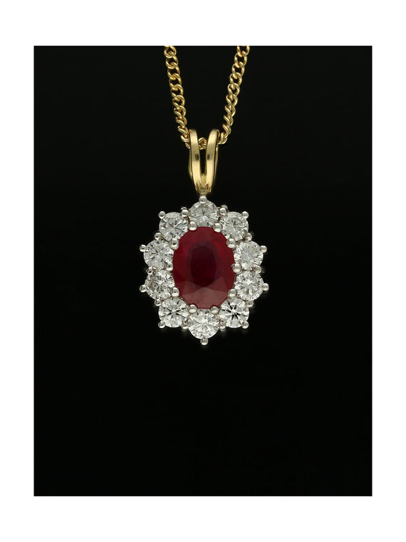Ruby & Diamond Oval Cut Cluster Pendant in 18ct Yellow & White Gold