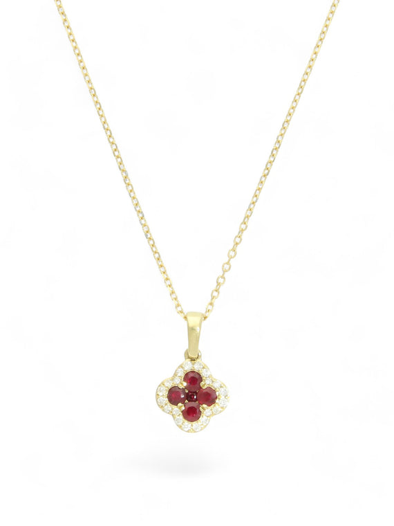 Ruby & Diamond Flower Halo Pendant Necklace in 18ct Yellow Gold