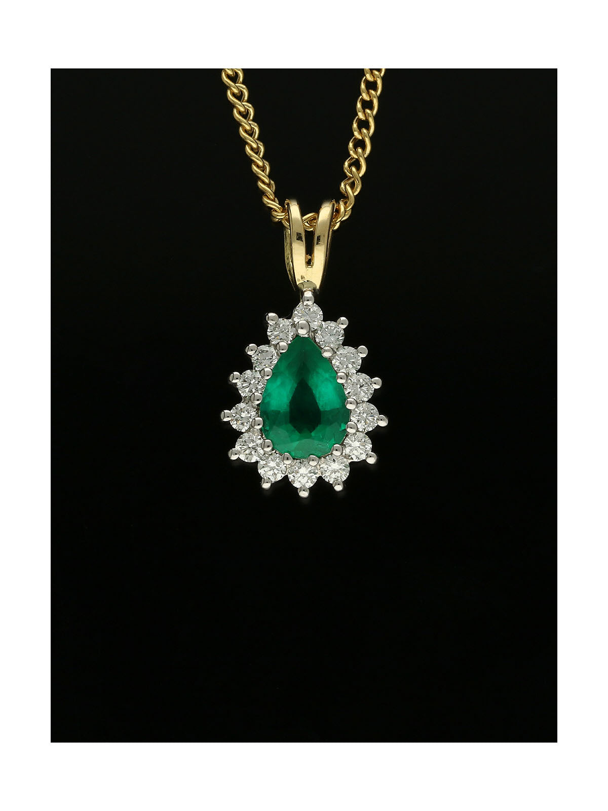 Emerald & Diamond Pear Cut Cluster Pendant in 18ct Yellow & White Gold