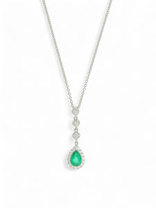 Emerald & Diamond Halo Pendant Necklace in 18ct White Gold