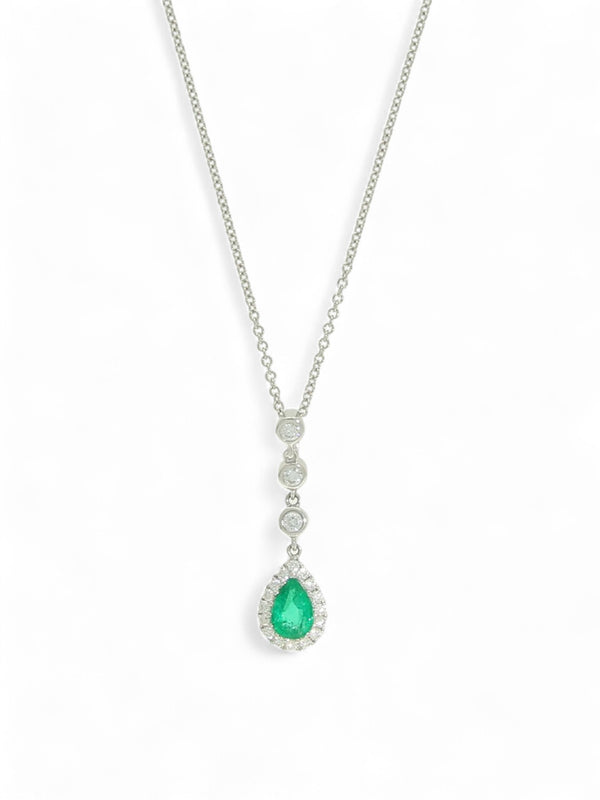 Emerald & Diamond Halo Pendant Necklace in 18ct White Gold