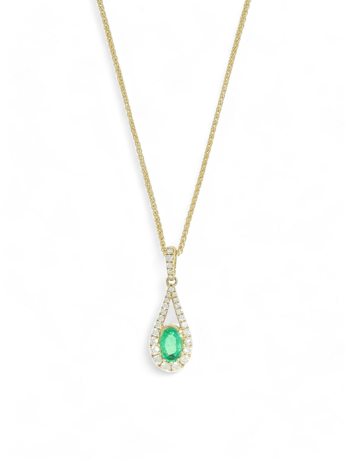 Emerald & Diamond Open Pear Pendant Necklace in 18ct Yellow Gold