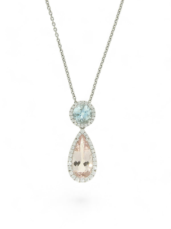 Morganite, Aquamarine and Diamond Cluster Drop Pendant Necklace in 18ct White Gold