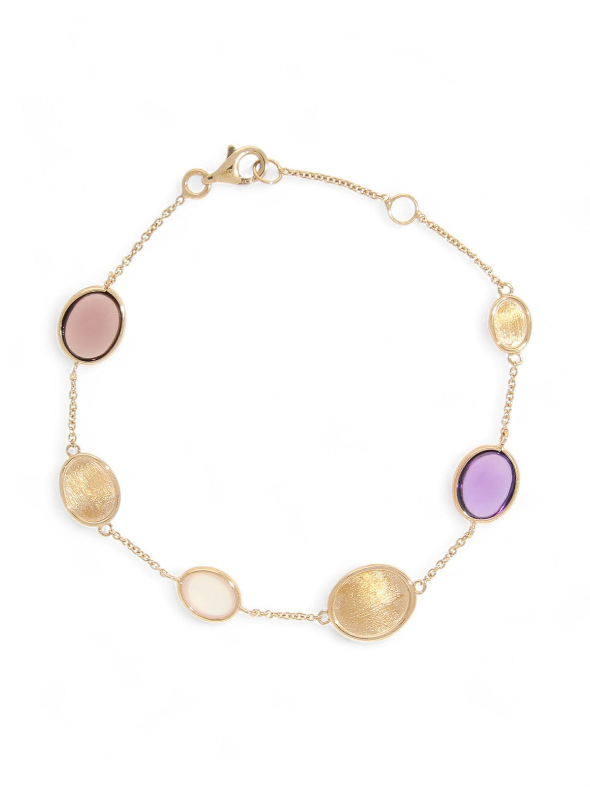 Amethyst & Pink Quartz Oval Cut Satin Disc Station Bracelet in 9ct Rose Gold